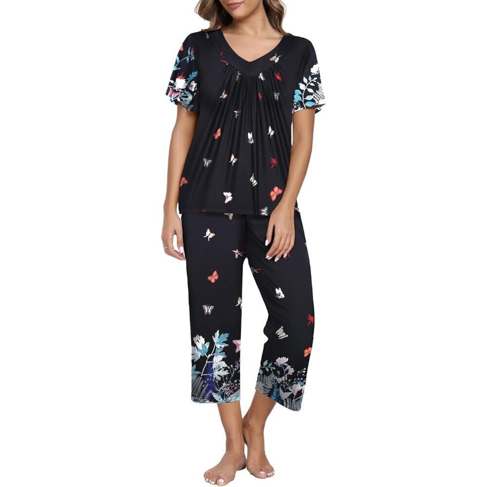 Women's Floral Print Capri Pajama Set Short Sleeve V-Neck Lounge Sleepwear